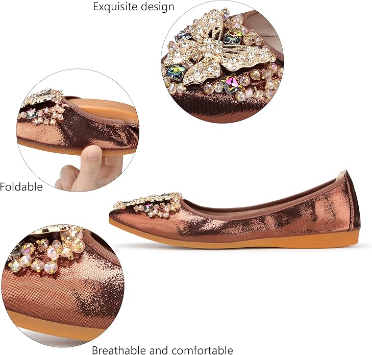 KUNWFNIX Women Ballet Flats Rhinestone Wedding Ballerina Shoes Foldable Sparkly Comfort Slip on Flat Shoes