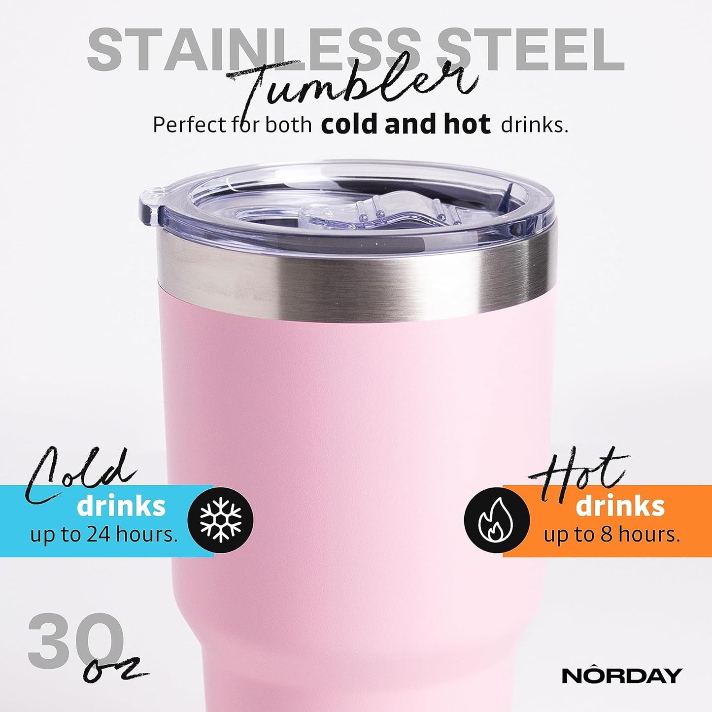 NORDAY | Tumbler with Lid - 30oz - Light Pink Insulated Tumbler - Stainless Steel Tumblers - Double Wall Insulated Travel Coffee Mug for Car Cup Holder - Keeps Temperature for 24hr - Anti Spill Lid