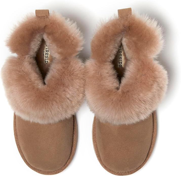 Dearfoams Women's Fireside Shearling Water Resistant Indoor/Outdoor Foldover Boot Slipper