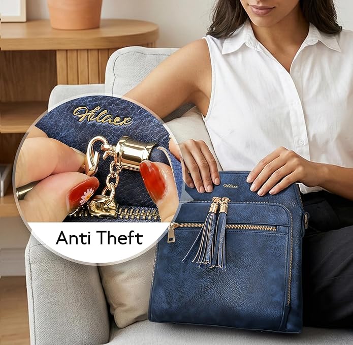 Women's Leather Crossbody Bags Anti Theft Purses RFID Blocking Handbags Trendy Travel Adjustable Strap Tassel