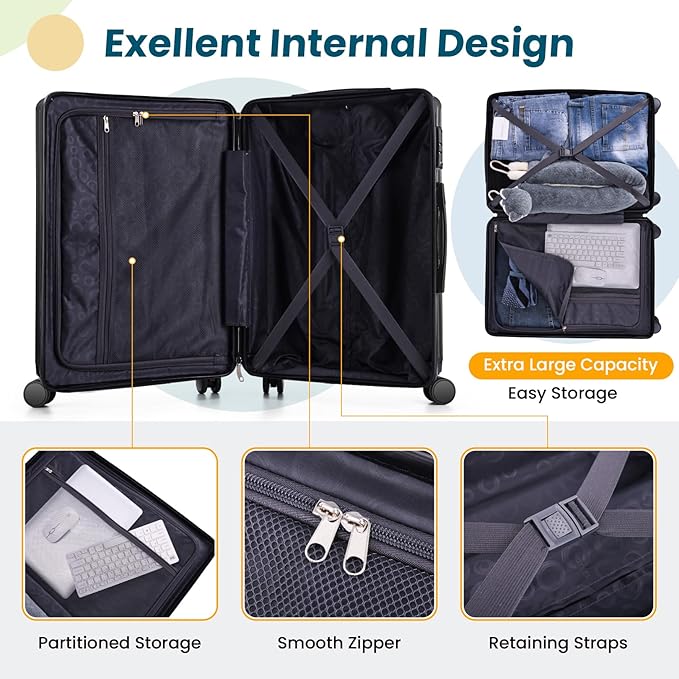 Hoteel Luggage Sets 3 Piece Carry on Luggage with Spinner TSA Lock for Unisex (4-YEAR WARRANTY), ABS+PC Hard Shell Rolling Carry-on Suit Case for Plane, Travel, Business, Gloss Black (20in/DB/TB)