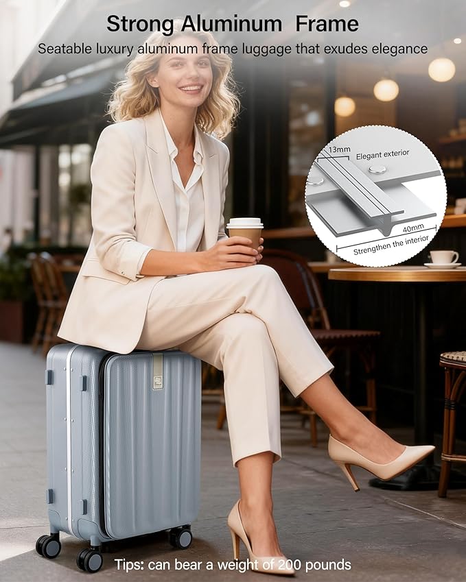 Hanke 24 Inch Checked Luggage Front Opening Rolling Suitcase Hard Sided Luggage with Spinner Wheels for Travel Woman Men.(Grey)