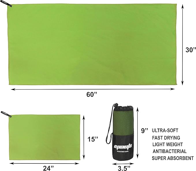 EPAuto Microfiber Fast Drying Towels 2-Pack (60" x 30", 24" x 15") for Travel, Gym, Camping, Beach and Backpacking, Green
