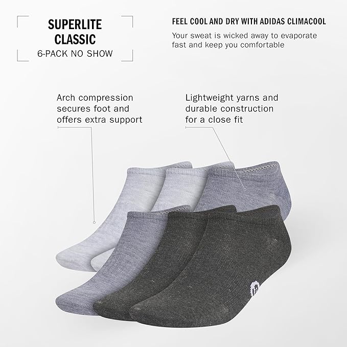 adidas Men's Superlite No Show Socks (6 Pairs) Lightweight & Breathable