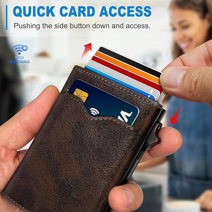 Wallet for Men,with Cash Pocket 2 ID Window 9-13 Cards,Metal Case Smart Slim Pop Up Credit Card Holder Flip with Magnetic Closure RFID Blocking Trifold wallet with Gift Box