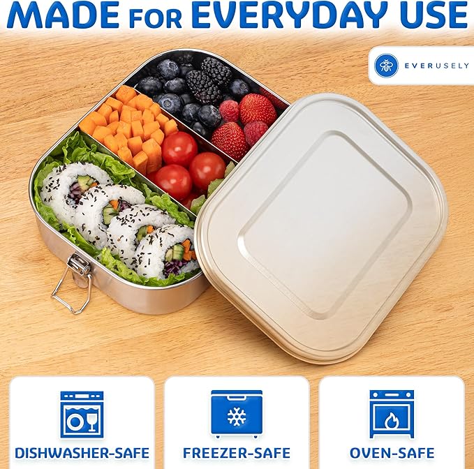 Everusely - Stainless Steel Lunch Box - 47 oz / 1.4 L, 2 Adjustable Dividers - Leakproof Snack and Salad Bento Containers for Adults - Food Storage Boxes with Lids for Work, Picnics, Travel