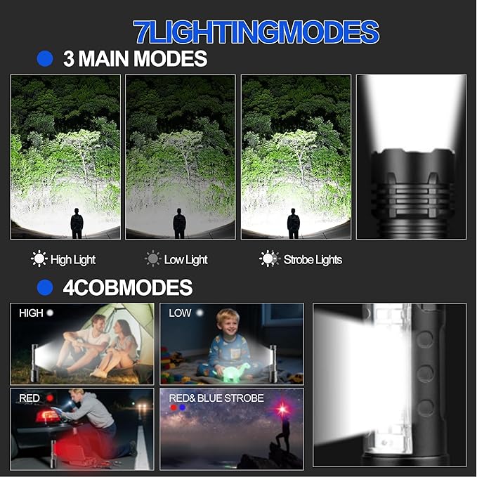 6Pack Rechargeable Flashlights, 7Mode Flashlights High Lumens, Super Bright LED Flashlight, Adjustable Tactical Flash Light, High Powered Flash Light, Handheld Flashlight for Home Emergency Camping