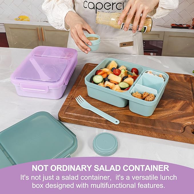 Caperci 2 Pack Salad Container for Lunch - 62 oz Large Bento Lunch Box for Adults, 2-Compartment Meal Prep Container with Removable Toppings Tray, Sauce Cup, Reusable Fork, BPA-Free (Purple & Green)