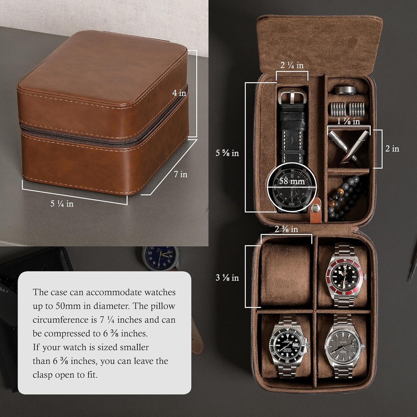ROTHWELL 5 Watch Travel Case Storage Organizer for 5 Watches | Tough Portable Protection w/Zipper Fits All Wristwatches & Smart Watches Up to 50mm (Tan/Brown)