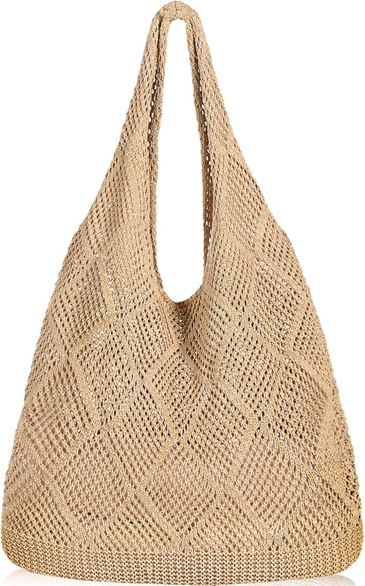 WantGor Crochet Bags, Beach Mesh Tote Bag Womens Shoulder Shopping Handbag Casual Travel Totes Bag Foldable Hobo Bags