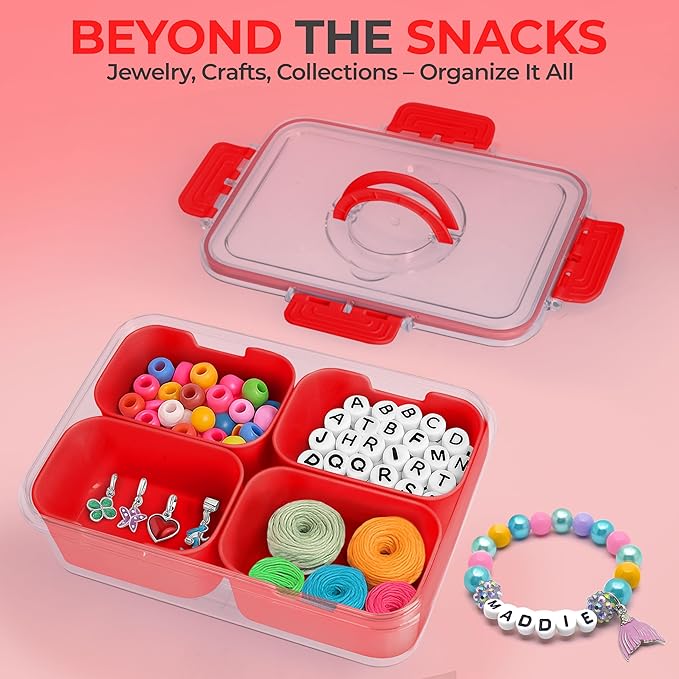 Snackle Box Container with Lid- Travel Charcuterie Box with Handle - Organizer for Candy, Fruit, Nuts, Veggies, Snacks, Beach Essentials, Portable Lunch Box (Red, Small)
