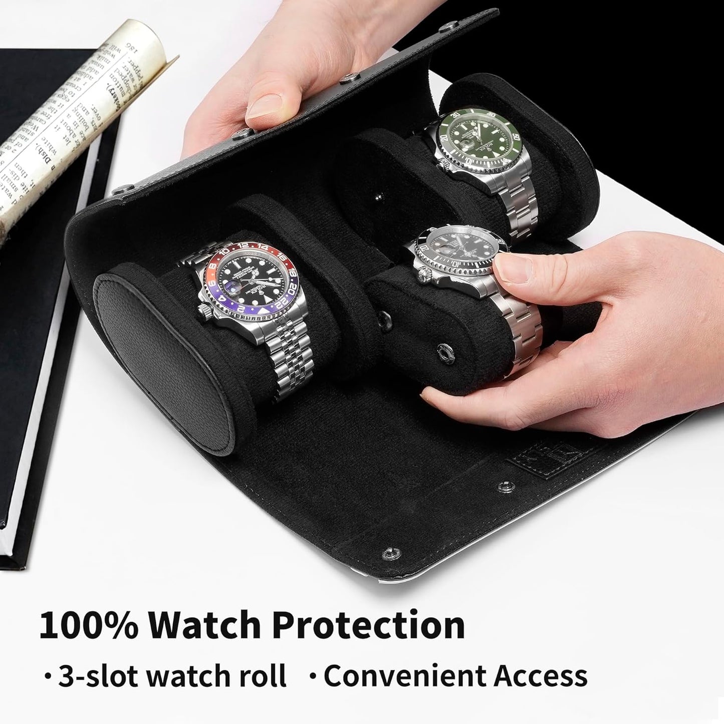 MOZSLY Watch Roll Travel Case 3 Slots Portable Box for Men and Women Watches Organizer Storage Holder PU Leather