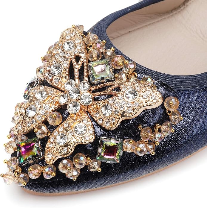 Womens Ballet Flats Foldable Rhinestone Pointed Toe Comfortable Slip on Wedding Flat Shoes Dress Flats for Women