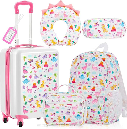 Redbaker 17 Inch 6 Pcs Kids Luggage Set Kids Rolling Luggage Double Pattern Suitcase for Boys Girls (Pale Pink, Dinosaur Style)