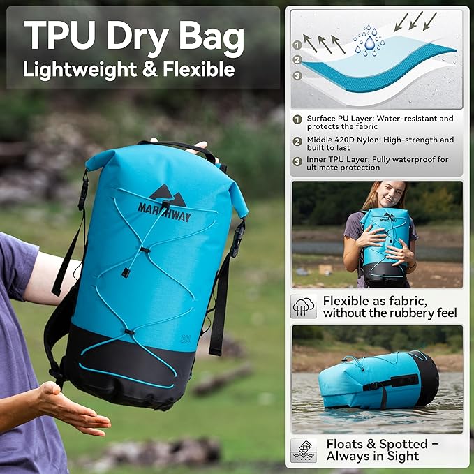 MARCHWAY Floating Roll Top Dry Bag, Flexible Lightweight TPU Waterproof Backpack 20L/30L/40L with Padded Straps for Boating, Kayaking, Swimming, Hiking, Beach (Blue, 30L)