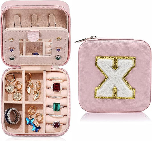 MODENGKONGJIAN Travel Jewelry Case for Women Fashion, Ring Necklace Earring Jewelry Holder Organizer Box, Small Portable Jewellery Storage, Christmas Gifts Initial X