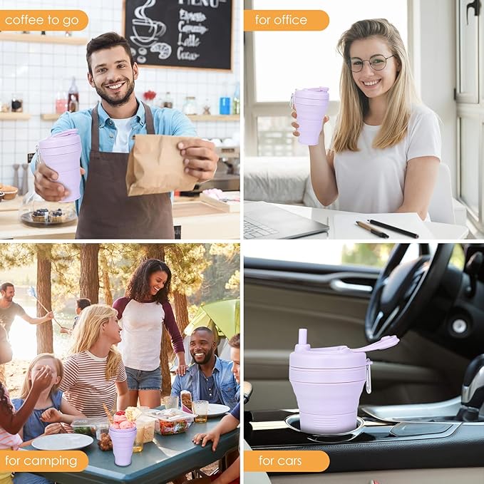 Collapsible Travel Cup - Lilac,20oz/600ml，Leak-Proof Reusable To-Go Pocket Size Silicone Bottle for Hot & Cold Drinks - Camping & Hiking - Dishwasher Safe- Straw included