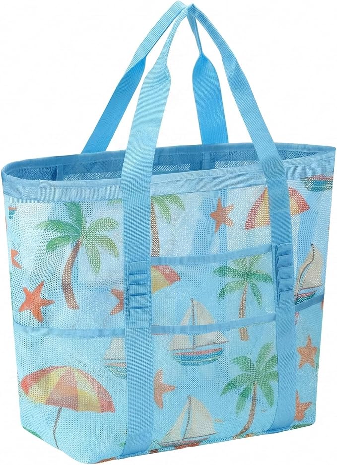 Mesh Beach Bags for Women - Family Beach Tote Bag for Toys, Towels, Travel Vacation Cruise Essentials