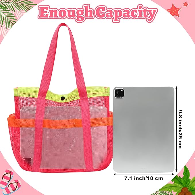 Mesh Beach Bag, Foldable Waterproof Sandproof Beach Storage Tote with 6 Pockets, Swim Tropical Vacation Pool Essential