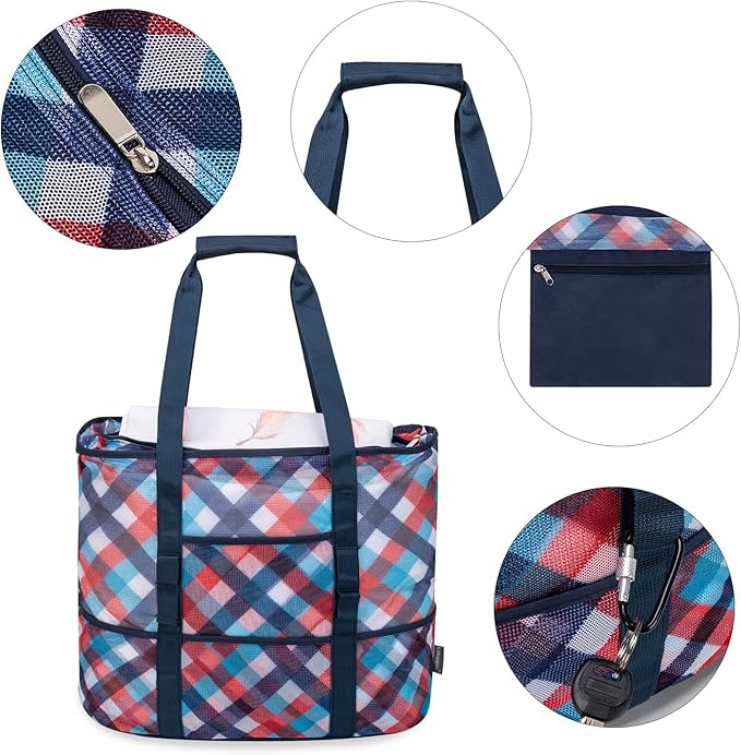 KABAQOO Mesh Beach Bag, Extra Large Beach Bags with 9 Pockets & Zipper Waterproof Lightweight Beach Tote for Beach/Pool Trip | Extra Large, 9 Pockets, Zipper, Waterproof, Lightweight, Beach/Pool Trip