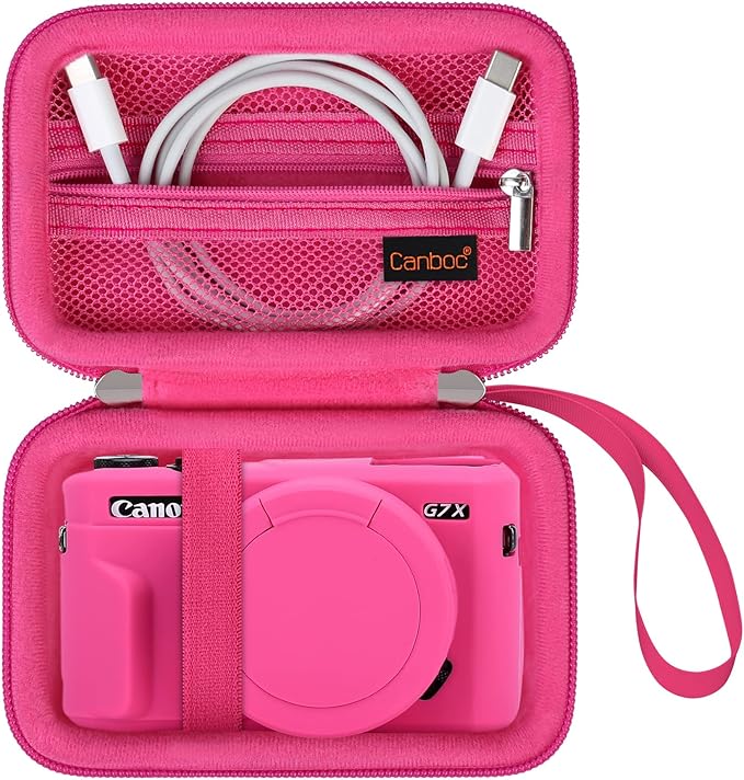 Canboc Camera Case for Canon PowerShot G7 X Mark III/ G7X Mark II Digital 4K Vlogging Camera, Point and Shoot 4K Video Camera Bag, Zipper Mesh Pocket fits USB Cable, Batteries, Rosered
