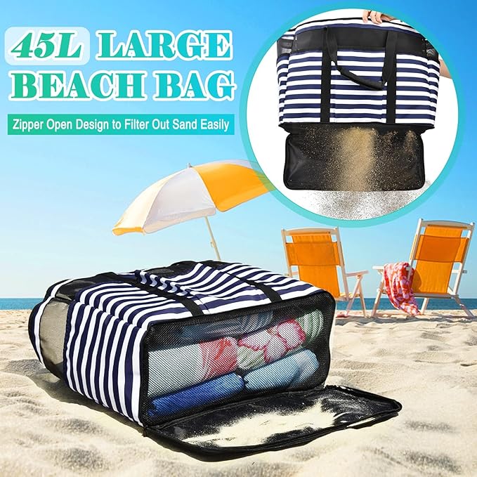 Large Beach Bag with Zipper, 12 Pockets Waterproof Sandproof Pool Bag Womens Mesh Beach Tote Bag for Travel Vacation