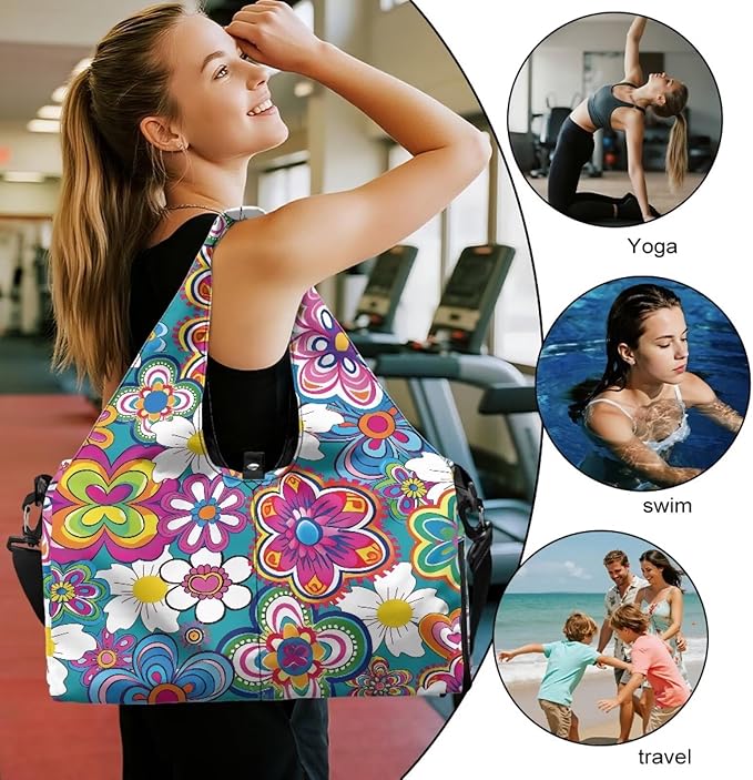 Colorful Hippie Flowers Gym Bag for Women with Shoes Compartment Carry on Weekender Overnight Bags Travel Duffel Bags Sports Workout Yoga Carrier Ladies Gifts