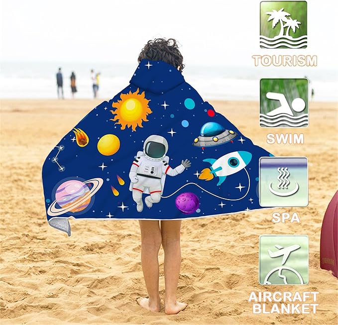 Bonsai Tree Spaceman Hooded Beach Towel for Kids, Cute Space Man Bath Towel with Hood, Boy Microfiber Super Absorbent Soft Poncho Bathrobe for Swin Pool 30" x 50”