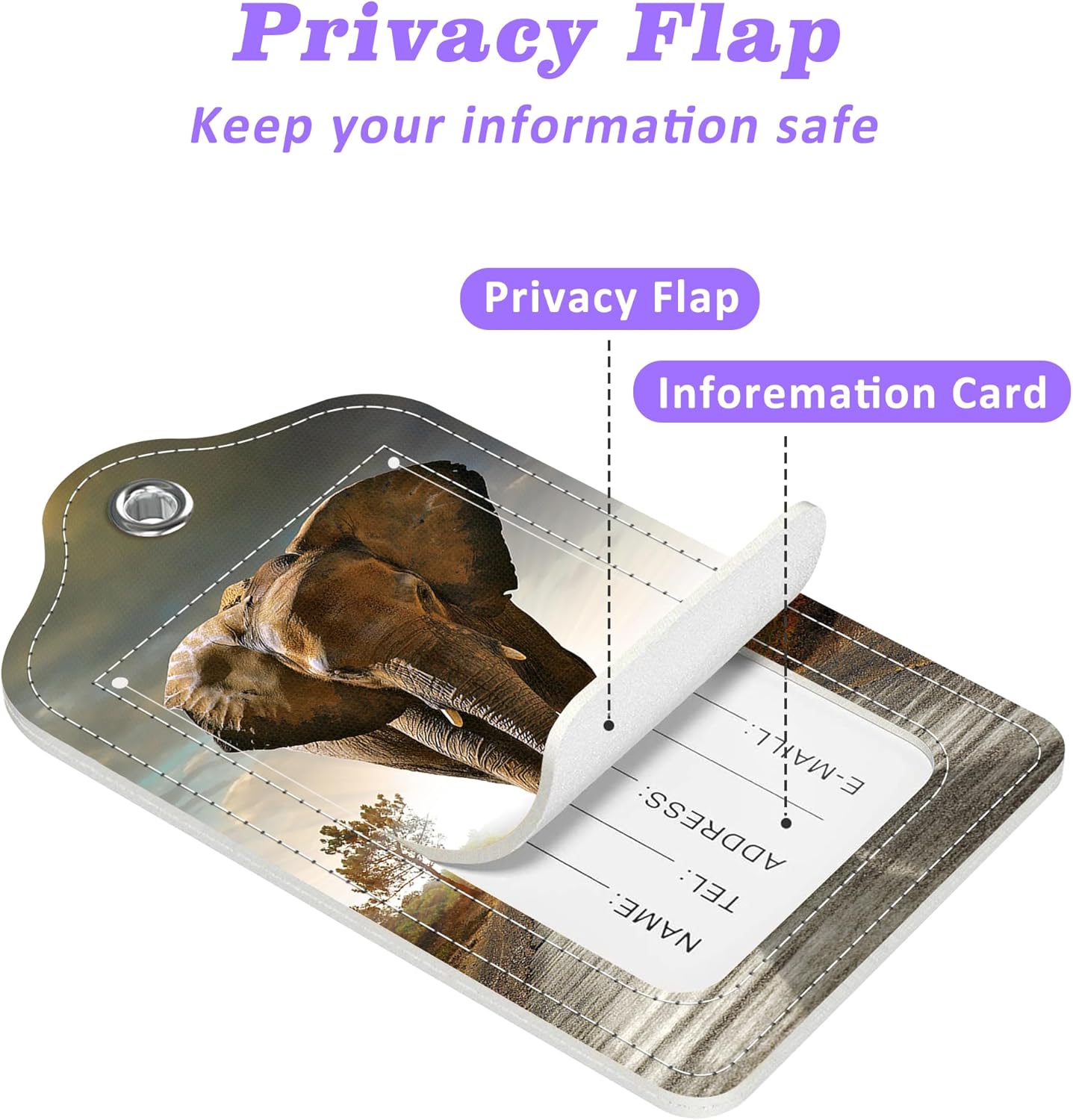 2 Pack Luggage Tags for Suitcase Elephant Walking with The Sun Leather Stainless Steel Loop Label Tags for Women Men Travel Bag Suitcase with Privacy Cover Name ID Card