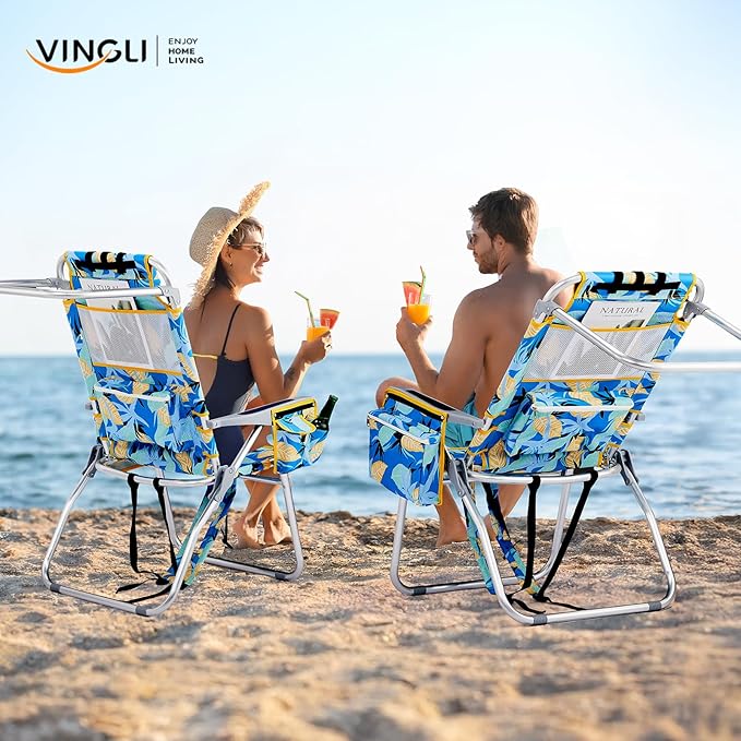 VINGLI Tall Beach Chair 2 Pack Lightweight, Backpack Beach Chair for Adults with 5-Position, Cooler Bag, Cup Holders, Towel Bar, Lightweight Folding Beach Camping Chairs
