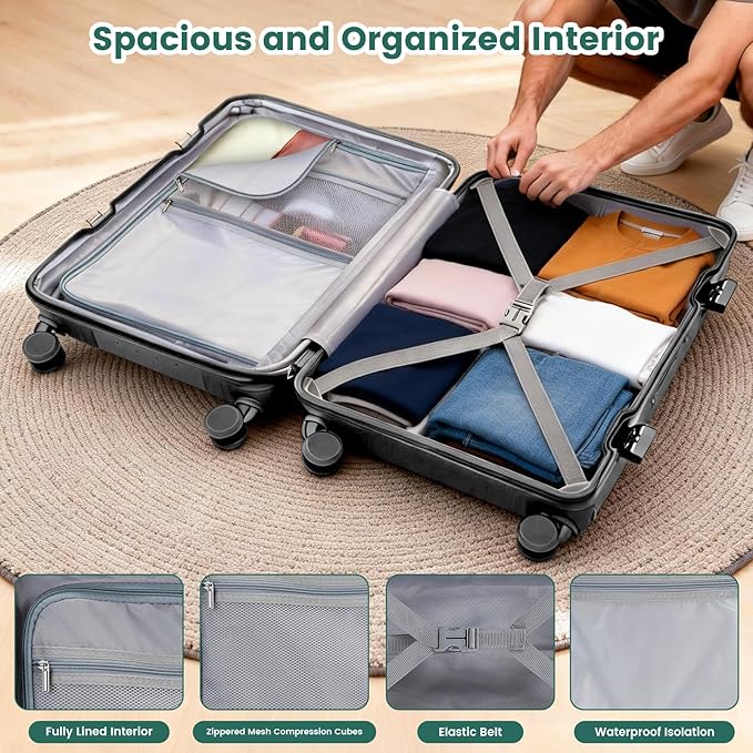 20 Inch Aluminum Frame Carry On Luggage with Front Pocket, USB Port, Phone Holder & Cup Holder, Hard Shell Spinner Suitcase for Airplane Travel, Grey