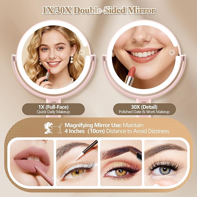 Makeup Mirror with Lights, Double Sided 1x/30x Magnifying Mirror with Light, Rechargeable 3 Color Lights and Adjustable Brightness, 360° Rotation Detachable Comes with Tweezer(Blush-30X)
