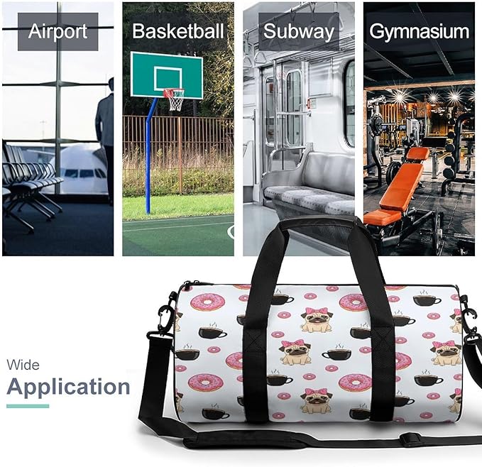Weekender Carry on Beach Yoga Overnight Luggage Bag Gym Sports Travel Workout Bag Overnight Bags (Funny Dogs Pug Puppies Pattern Donut Coffee)