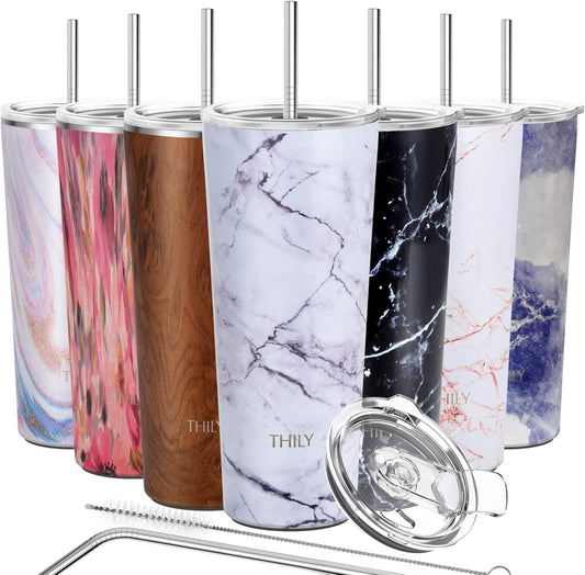 THILY Stainless Steel Vacuum Insulated Tumbler Travel Mug 26 oz Coffee Cup with 2 Lids and Straws, Splash Proof, Keep Ice Drinks Cold, White Marble