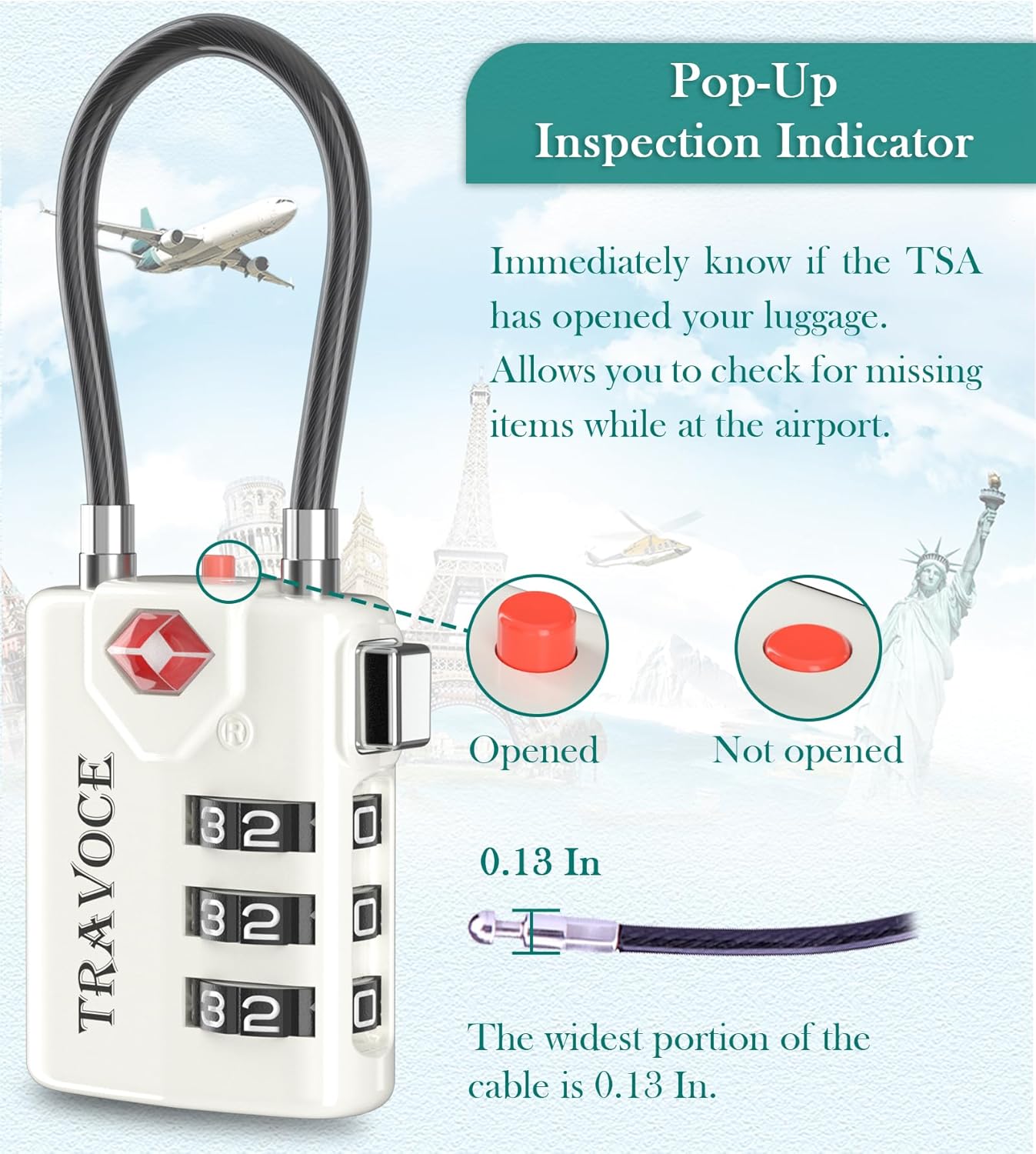 Search Alert TSA Approved Travel Combination Luggage Cable Locks for Suitcase, Gym Locker,Toolbox,Backpack 1,2,4,6 &10 pk (White 4 Pack)