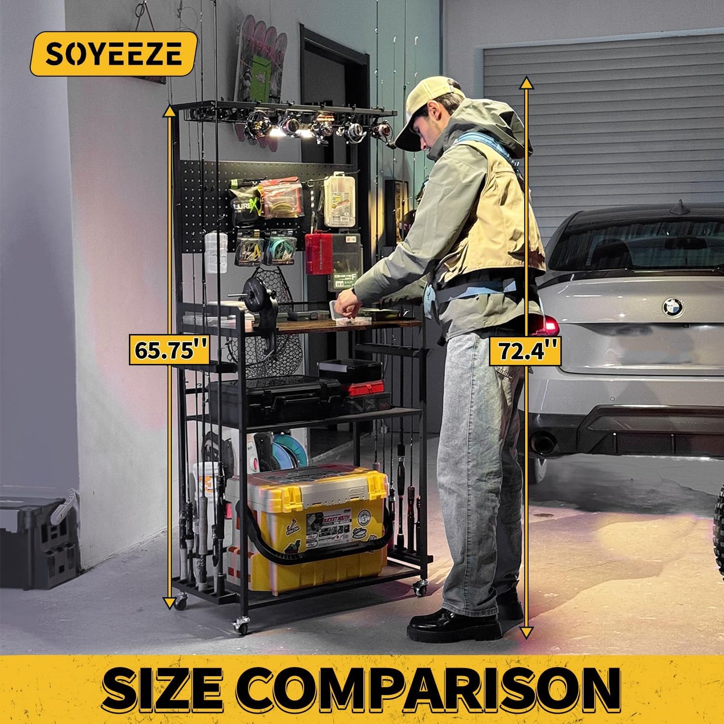 SOYEEZE Fishing Rod Holders for Garage,Fishing Gear Holder for Fishing Rod Tackle Box Storage，Fishing Pole Holders for 12 Rods with Hooks and Pegboard,Fishing Cart with Reel Rack