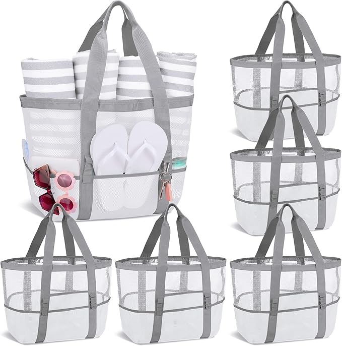 Hillban Large Beach Mesh Bags Bulk for Women Beach Tote Bag with 8 Pocket Zipper Waterproof Sandproof for Pool Cruise Ship
