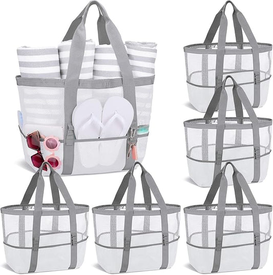 Hillban Large Beach Mesh Bags Bulk for Women Beach Tote Bag with 8 Pocket Zipper Waterproof Sandproof for Pool Cruise Ship