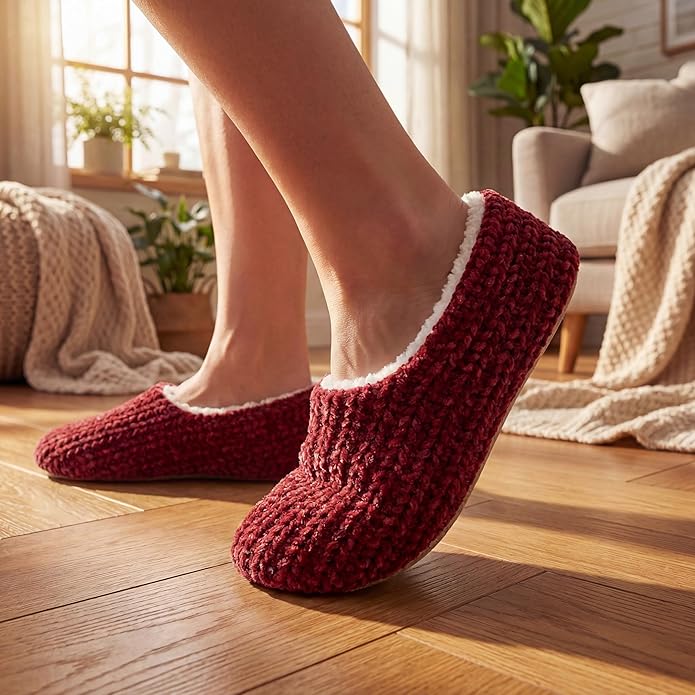 Cozylook 2-Pair Women's Soft Sole Slipper Socks with Grippers, Thick Warm Cozy Sherpa Lined Home Socks Set, Cable Knitted Non-slip Fluffy Winter House Bedroom Slippers