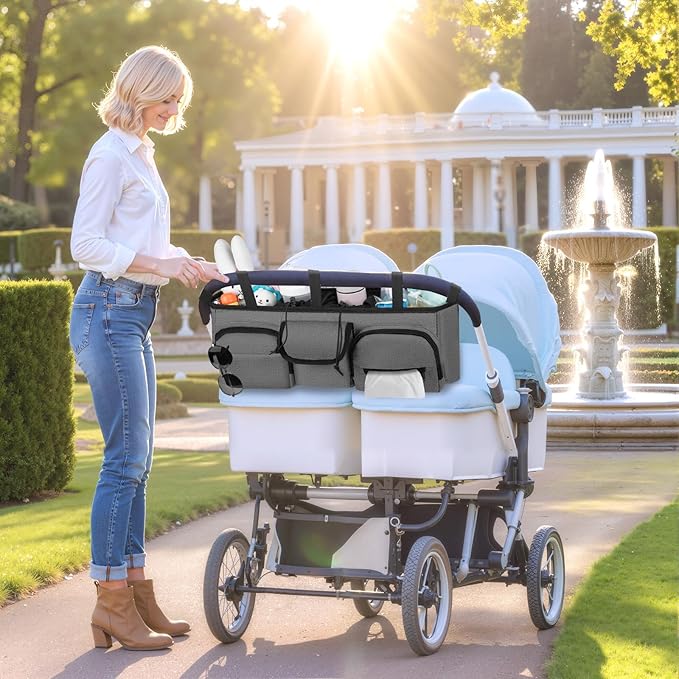 Double Stroller Organizer Compatible with Bob Duallie and Baby Jogger City Mini GT2, Double Baby Stroller Accessories with Cooler Bag, Parent Console Double Jogging Stroller Caddy, Grey
