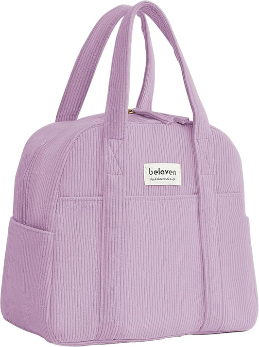 Insulated Lunch Bag for Women, 6-Hour Cold Retention Cooler Tote with Sturdy Handle, 15-Can Spacious Capacity, Leakproof Corduroy Fabric & Aluminum Foil Lining (Purple)