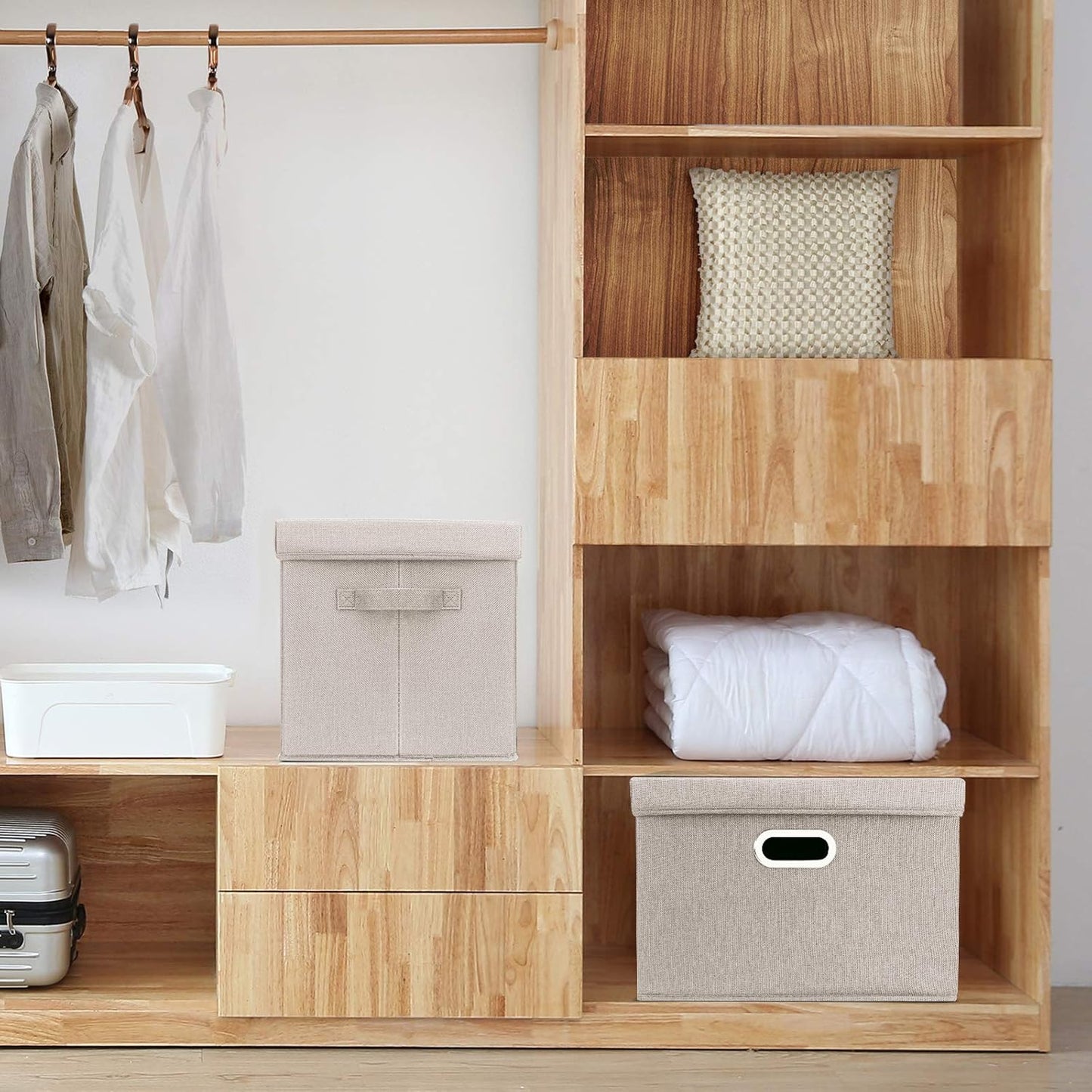 TYEERS Large Storage Bins with Lids, Collapsible, Washable, Fabric Storage Boxes for Organizing, 17.3x11.8x11.4 inches, 3 Pack, Beige