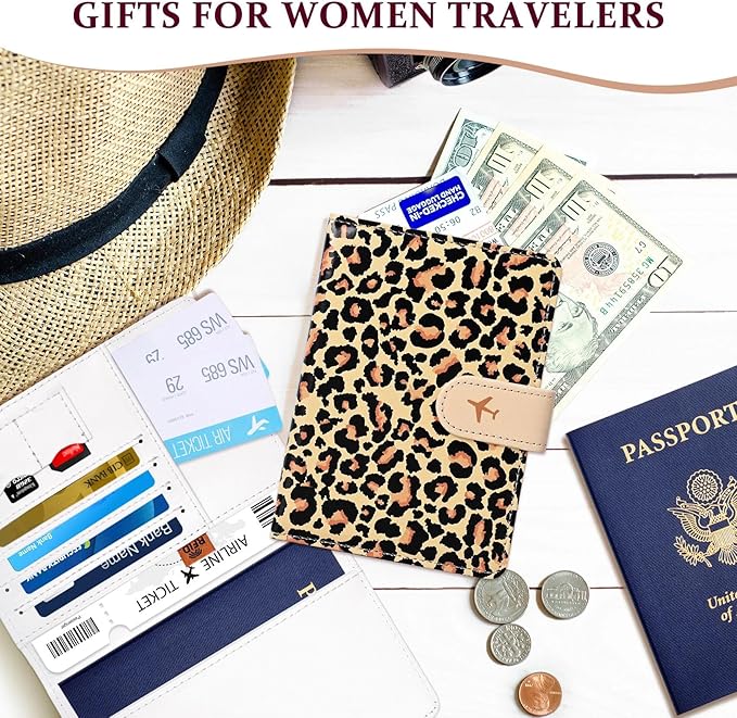 COSHAYSOO Personalized RFID Passport Holder for Travel Women Passports Cover Case Air Essentials Airplane Flight Accessories Airline Plane Flying Must Haves Christmas Gifts Leopard Print