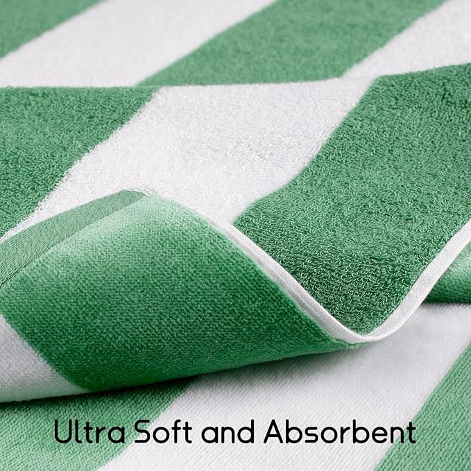 cabanana Large Oversized Beach Towel - 35 x 70 Inch Cotton Pool Towel, Green Striped Soft Cabana Swim Towel