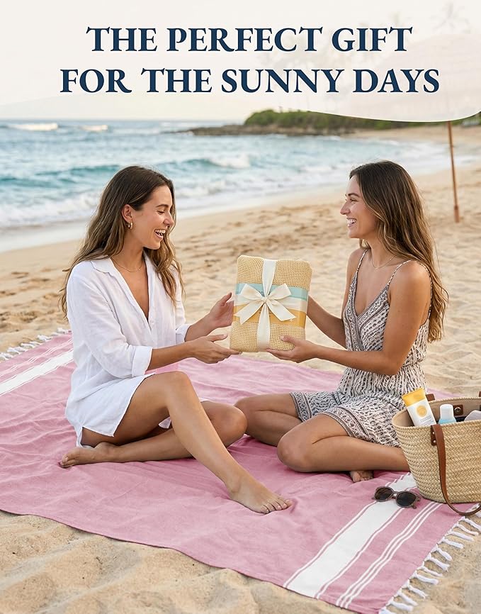 LANE LINEN Turkish Beach Towels, 2 Pack Extra Large Beach Towel, Pre-Washed for Soft Feel, Oversized Sand Free Quick-Dry Pool Towel, Beach Towels for Adults, 39"x71" - Candy Pink