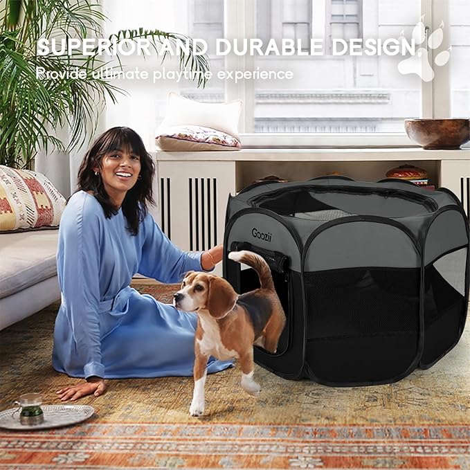 Portable Dog Playpen for Large Dogs, Collapsible Puppy Pet Cat Playpen with Zipper Top Cover (Large Size, Grey-Black)