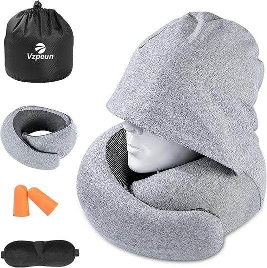 Travel Pillow - Hooded Neck Pillow Airplane Memory Foam Filling for Plane, Cars Sleeping, Road Trip, Long Flights, Portable Plane Accessories, Includes Eye Mask & Earplugs (Light Gray)