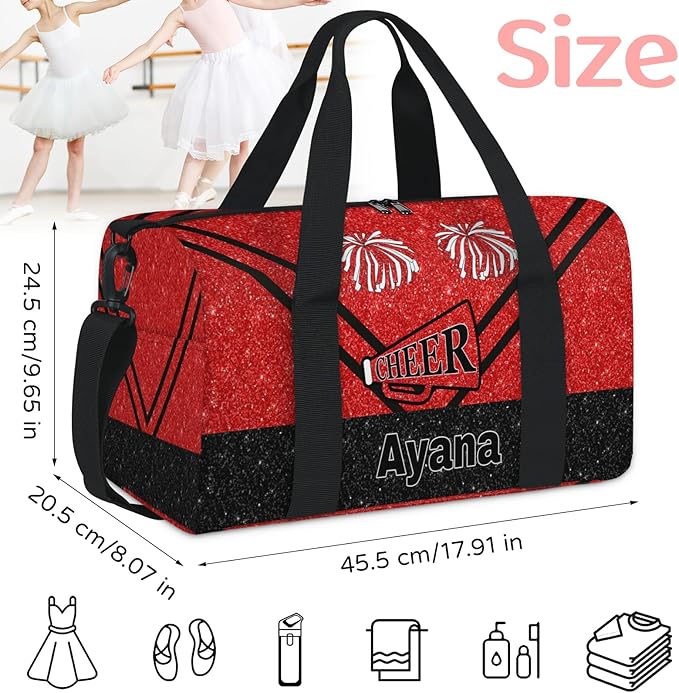 Personalized Travel Sports Bag for Teens, Custom Name Cheerleader Dance Gym Overnight Small Duffel Tote Bag for Practice Gymnastics Ballet, Red Glittering Cheerleading
