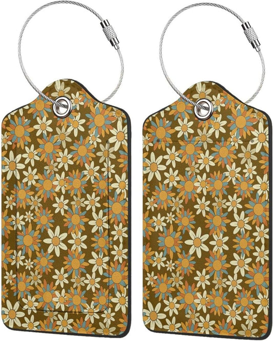 Flowers Leather Luggage Tag with Stainless Steel Ring, Fun Name Id Card Cover Travel Bag Tag Set, Suitable for Travel Bag Luggage Women Men 2 PCS