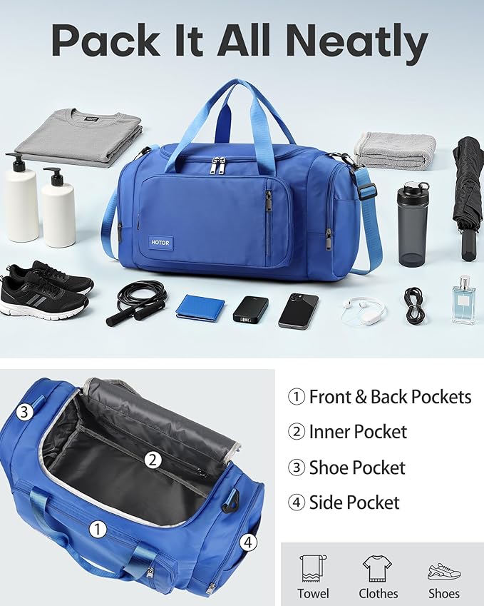 HOTOR Gym Bags for Men & Women - Spacious Duffle Bag with Shoe Compartment & Wet Pocket, Carry On Weekender Bag Portable Sports Duffel Bag for Workout, Fitness, Travel, Blue, 20.5" x 11.0" x 10.6"